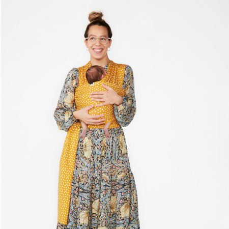 coracor baby wrap stretchy sling uk sweden pastel geometric instructions mustard dot fabric mum baby model