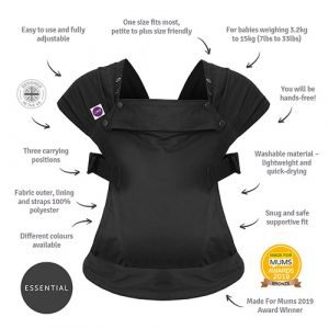 Text highlights benefits of Izmi Essential baby carrier