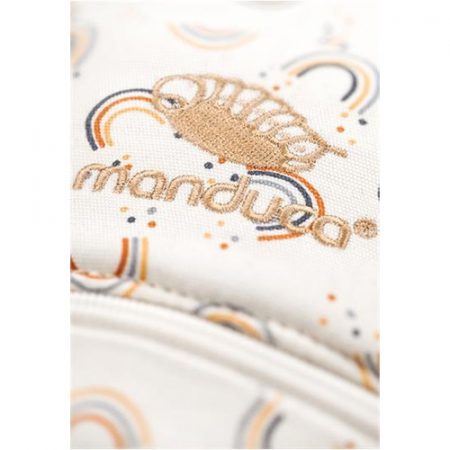 Close up of logo on Manduca XT baby carrier in Rainbow Day limited edition print