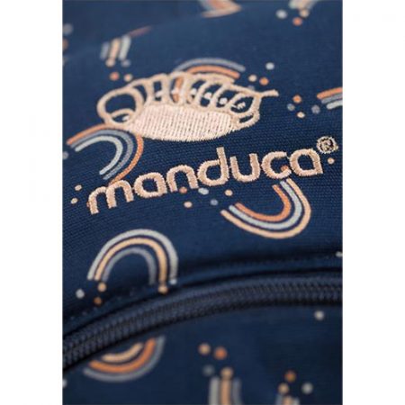 Close up of logo on Manduca XT baby carrier in Rainbow Night limited edition print