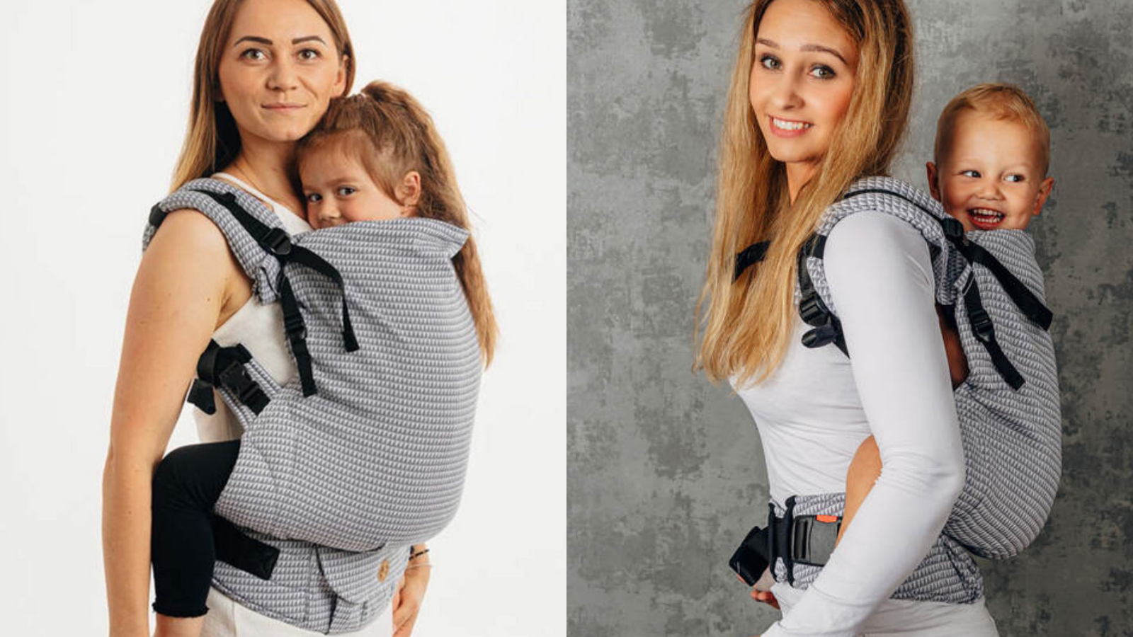 Two women carry older toddlers in the Lenny Lamb Preschool carrier in grey Selenite fabric, one on her front and one on her back