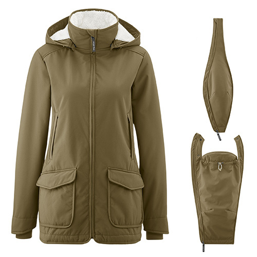Mamalila Cosy Allrounder babywearing coat in Khaki shown with additional pregnancy and babywearing panels