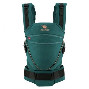 Front view of Manduca XT baby carrier in teal denim toffee colour