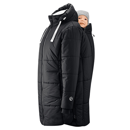 Mamalila Copenhagen babywearing coat in black with baby doll in back carrying position