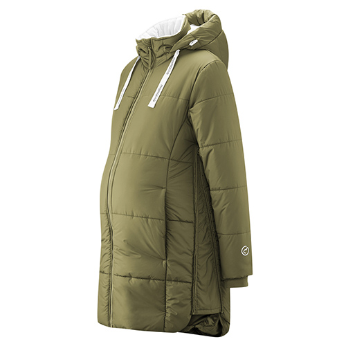 Mamalila Copenhagen babywearing coat in khaki, maternity view