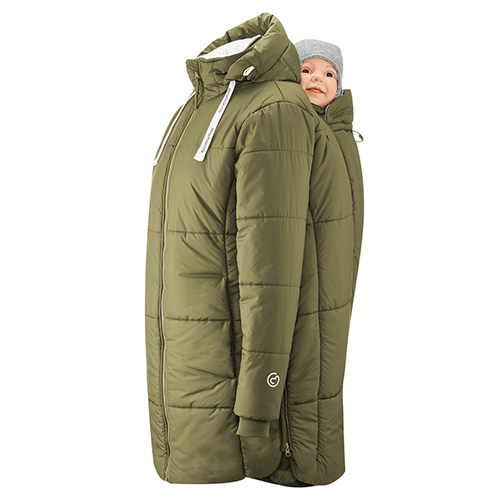 Mamalila Copenhagen babywearing coat in khaki with baby doll in back carrying position