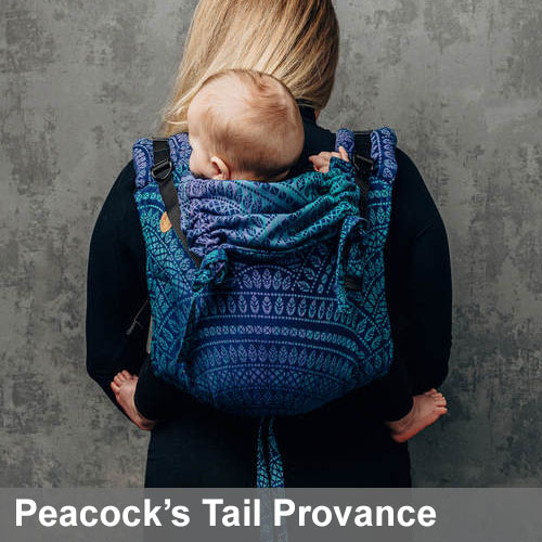 Woman carries baby on her back in Lenny Lamb Onbuhimo baby carrier in Peacock's Tail Provance fabric, back view
