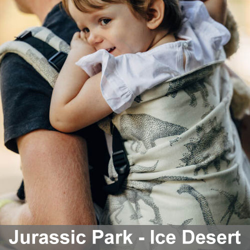 Man carries toddler on his back in Lenny Lamb Preschool carrier in Jurassic Park Ice Desert fabric
